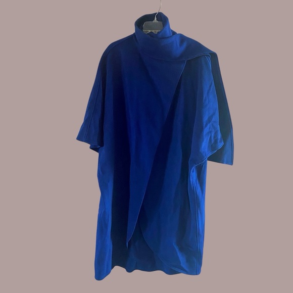 Vintage Gemini 100% Wool Cobalt Blue Scarf Wrap Coat Ruana Cape One Size - Picture 3 of 11